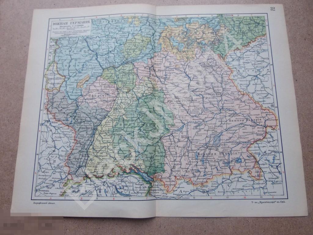 1909 г. Карта Южная Германия Мюнхен Бавария