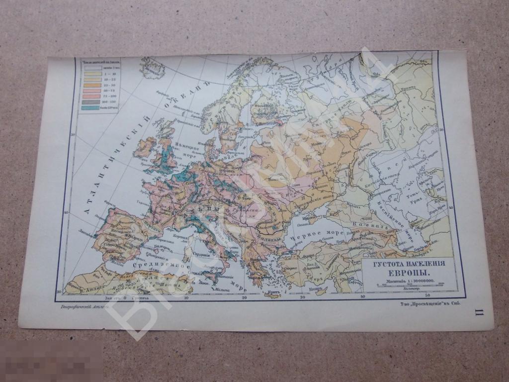 1909 г. Карта Густота населения Европы