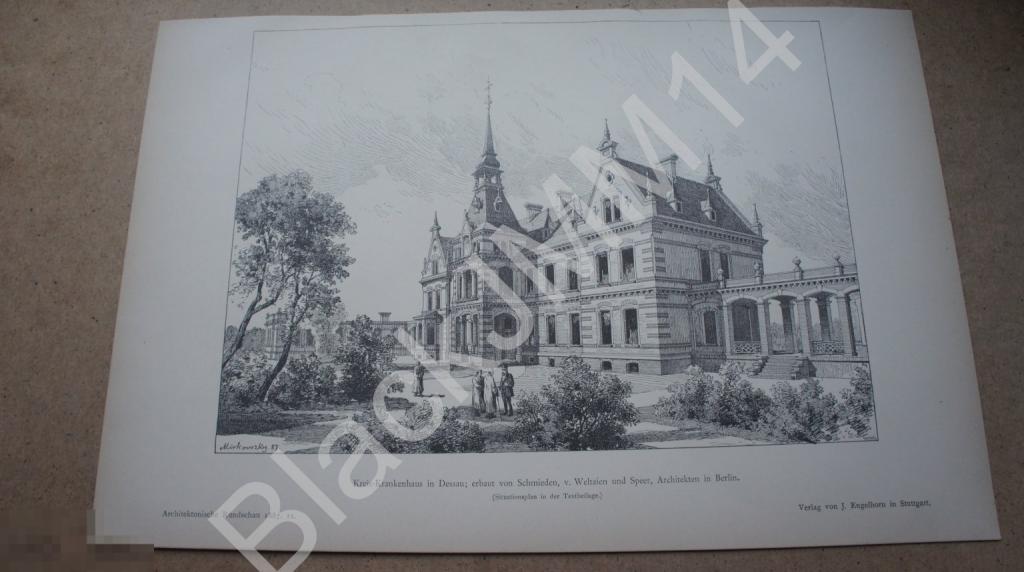 1887 г. Литография Архитектура Германия Дессау Здание Больница Шпиль Сад Терасса