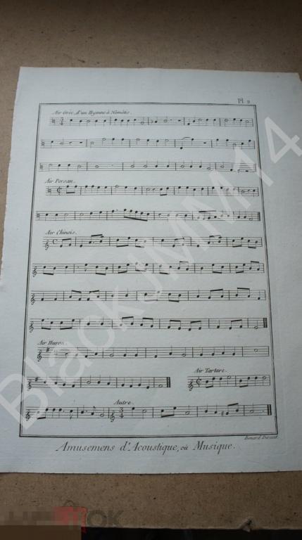 1790 г. Гравюра на меди Шарль Панкук Акустические развлечения Музыка Ноты Гимн Немезиде