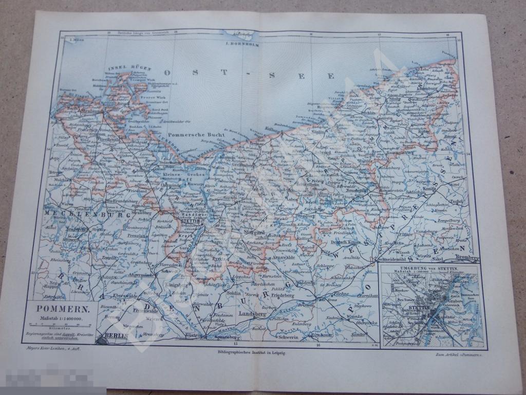 1890 г. Карта Германия Померания Штеттин