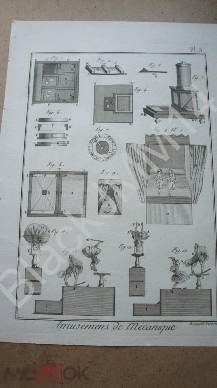 1790 г. Гравюра на меди Шарль Панкук Механика Двигающаяся кукла Театр