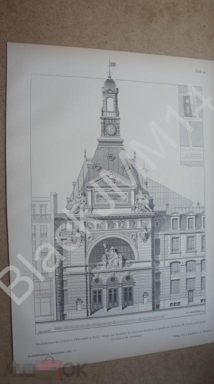 1887 г. Литография Архитектура Париж Торговый дом Здание Фасад