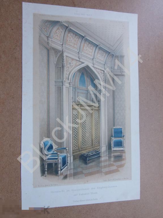 1863 г. Литография Архитектура Интерьер Кресла Вокзал Торунь Германия