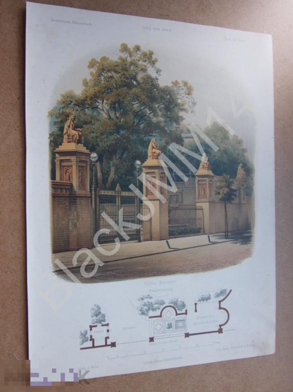 1863 г. Литография Архитектура Вилла Ограда Статуи План