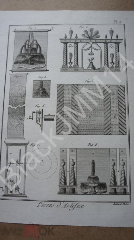 1790 г. Гравюра на меди Шарль Панкук Музыкальная шкатулка Фонтаны