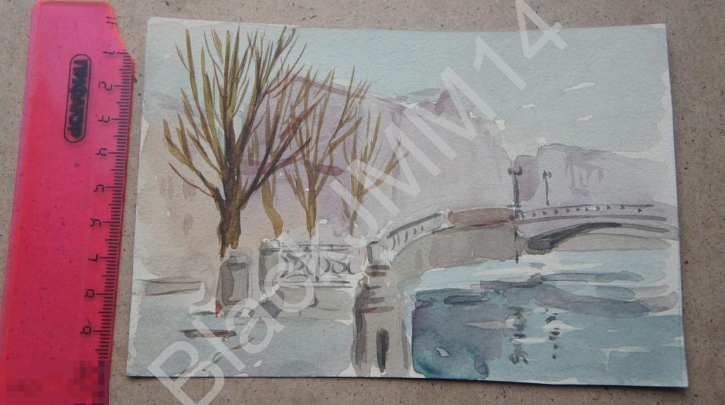1965 г. Гринченко В.И. Рисунок Городской пейзаж Зима Мост
