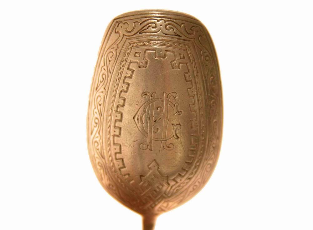 Ложка с узором в русском стиле для соли, Серебро 84 пробы