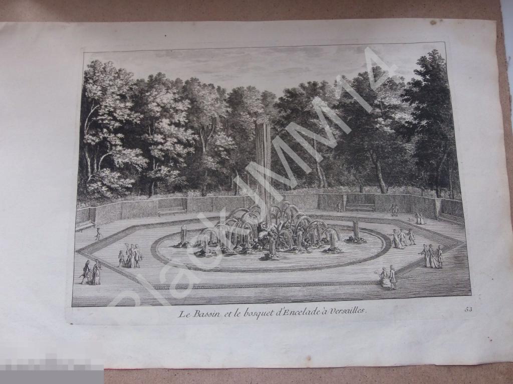 1766 г. Гравюра на меди Перелль Париж Прелести Версаля Фонтаны Бассейн Энцелады Роща