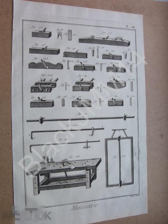 1769 г. Гравюра на меди Плотник Строительство Древесина Инструмент Рубанок Пила