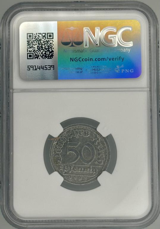 Германия Веймарская Республика 50 пфеннигов 1922 G NGC MS63 Топ-поп! J#301