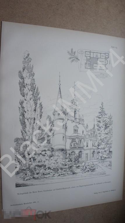 1887 г. Литография Архитектура Германия Замок особняк Вилла Сад План