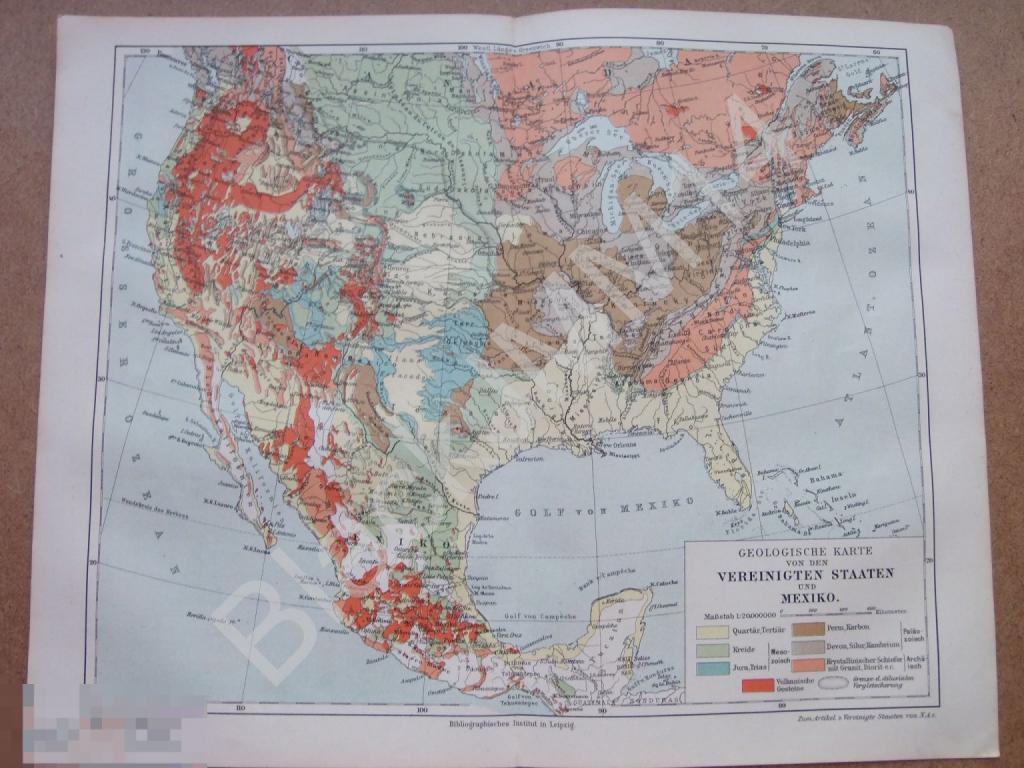 1897 г. Карта США и Мексика Геологическая карта 30*24 см