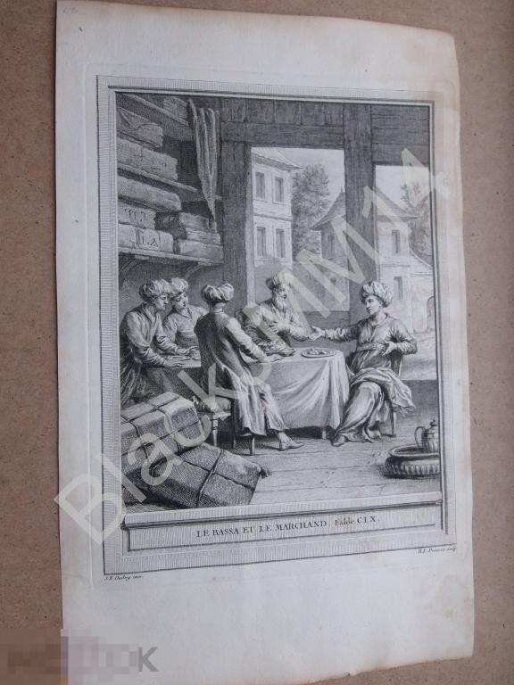 1759 г. Гравюра на меди Басни Жана де Лафонтена Паша и купец