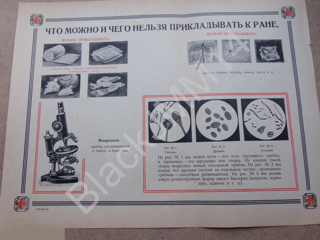 1928 Плакат Таблица Красный Крест Что можно и чего нельзя прикладывать к ране