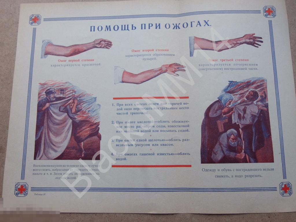 1928 Плакат Таблица Красный Крест Помощь при ожогах