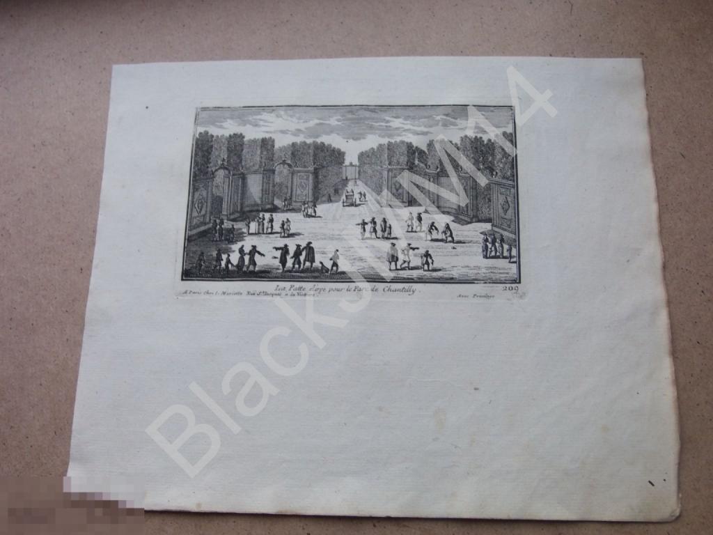 1766 г Гравюра на меди Перелль Париж Прелести Версаля Въезд Парк Шантийи Замок