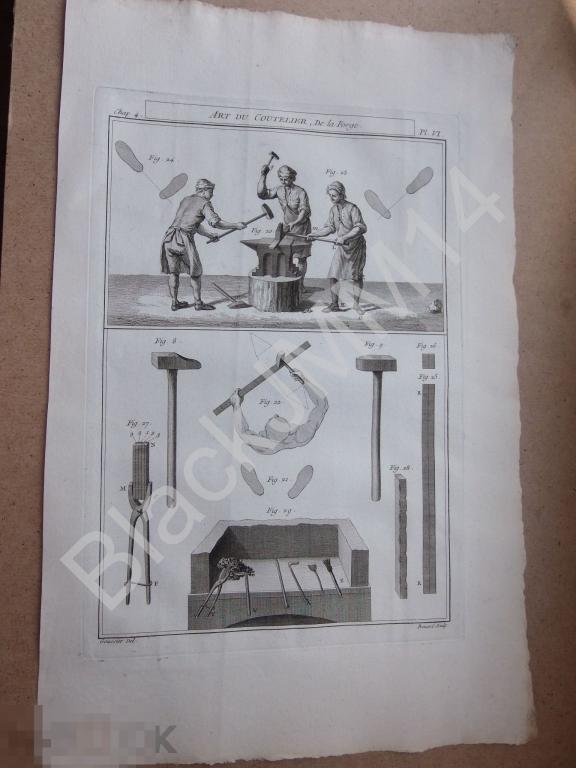 1771 г Гравюра на меди Искусство изготовления ножей Кузнецы Наковальня Молот Ковка Инструмент