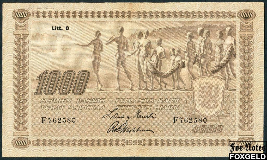 Финляндия 1000 марок 1922 Litt. C. Heurlin, Wahlman  P:67 F762580