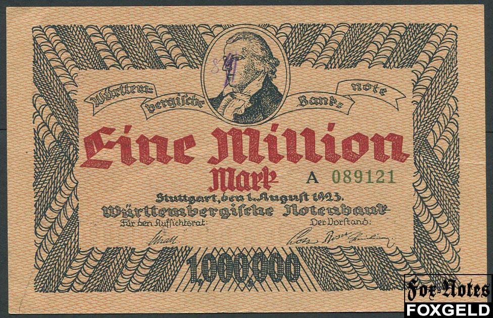 Wurttembergische Notenbank 1 Mio. Mark 1923 1. August 1923.  WTB18 A089121