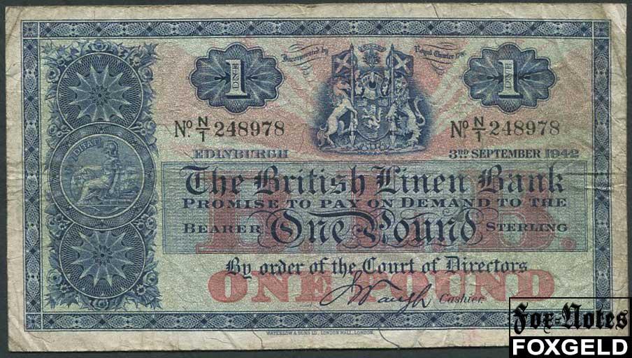 Шотландия 1 фунт 1942 The British Linen Bank F Р:157b  N/1