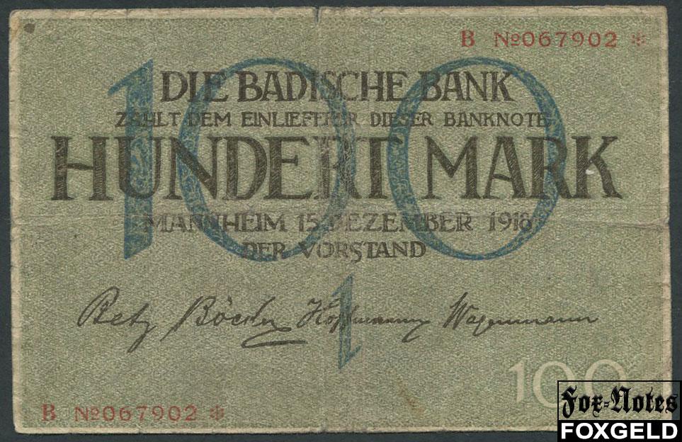 Badische Bank 100 Mark 1918 15. Dezember 1918. F BAD6 B№067902*