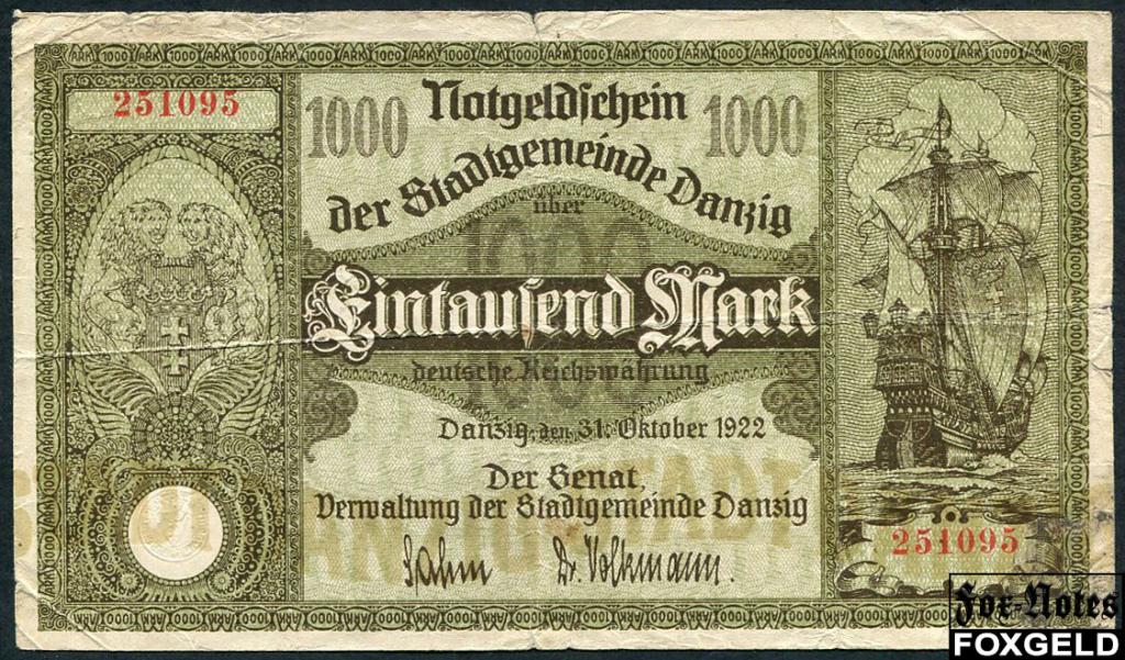 Данциг Verwaltung der Stadgemeinde Danzig 1000 марок 1922  VG Ro:794b 251095