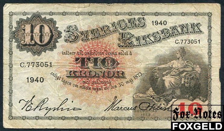 Швеция Sveriges Riksbank 10 крон 1940  VG P:34w C.773051