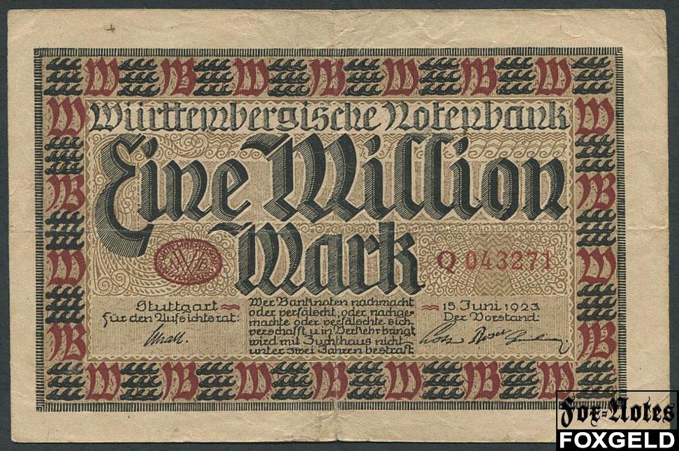Wurttembergische Notenbank 1 Mio. Mark 1923 15. Juni 1923.  WTB17 Q043277
