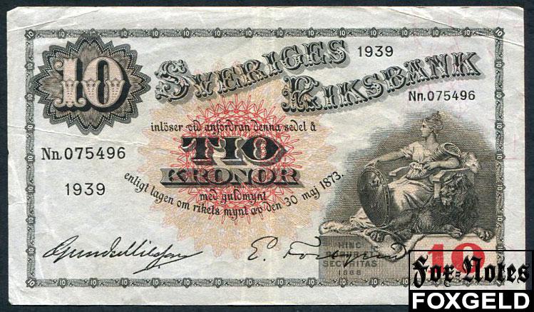 Швеция Sveriges Riksbank 10 крон 1939  aVF P:34v Nn.075496