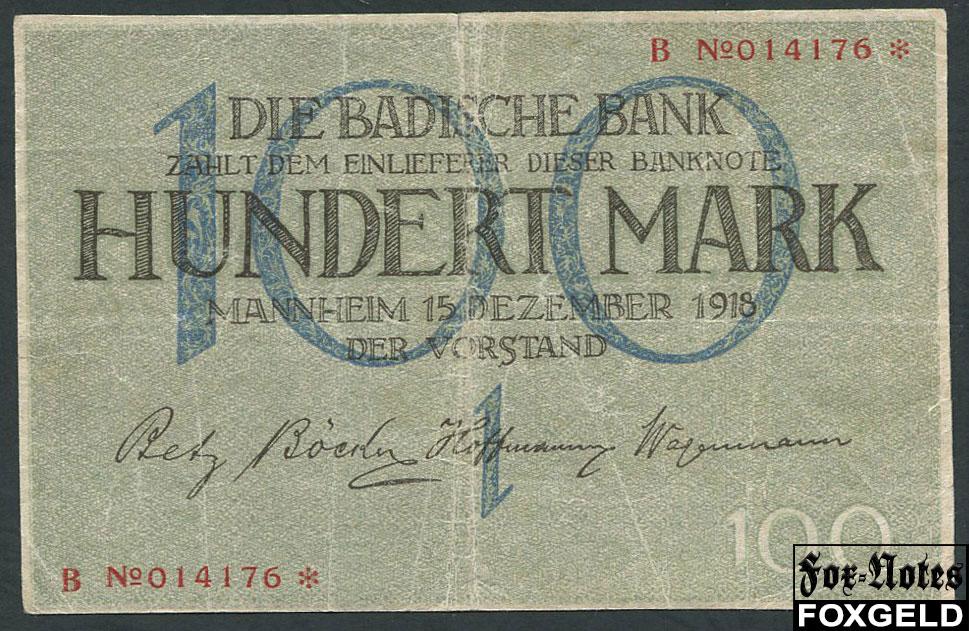 Badische Bank 100 Mark 1918 15. Dezember 1918. aF BAD6 B№014176*