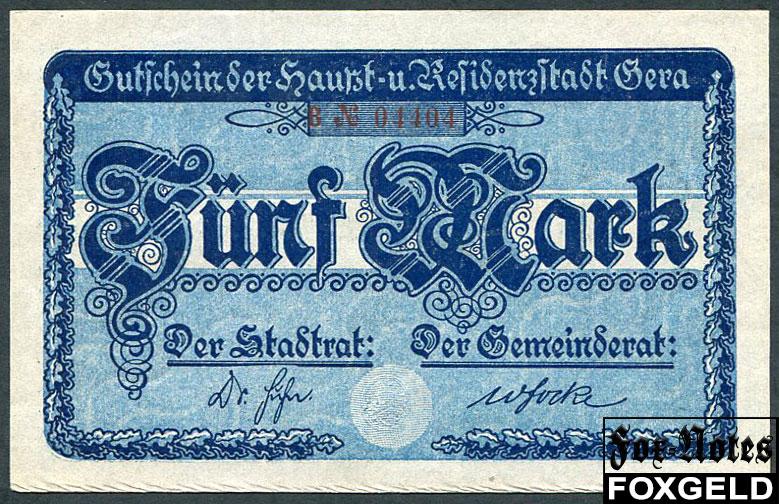 Gera / Thuringen 5 Mark 1919  aUNC B3:172.01.c B№04404