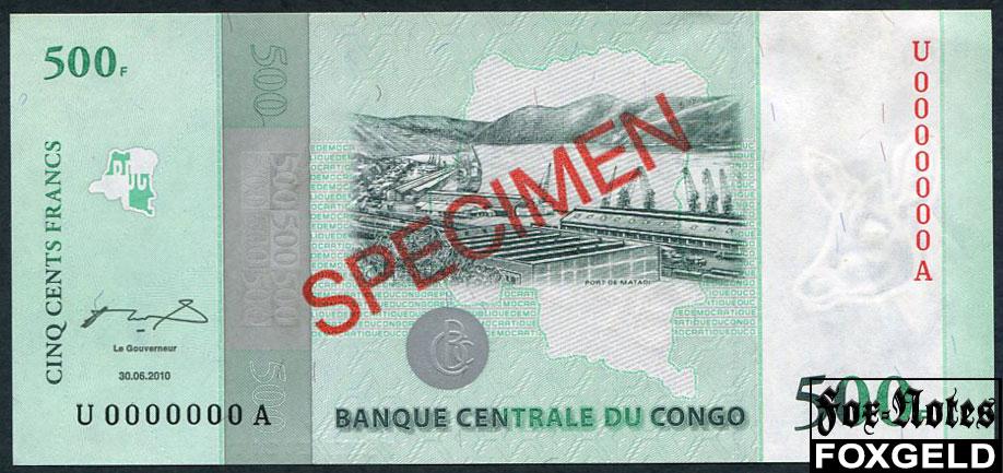 Демократическая Республика Конго 500 франков 2010 SPECIMEN ОБРАЗЕЦ  aUNC P:100S U A