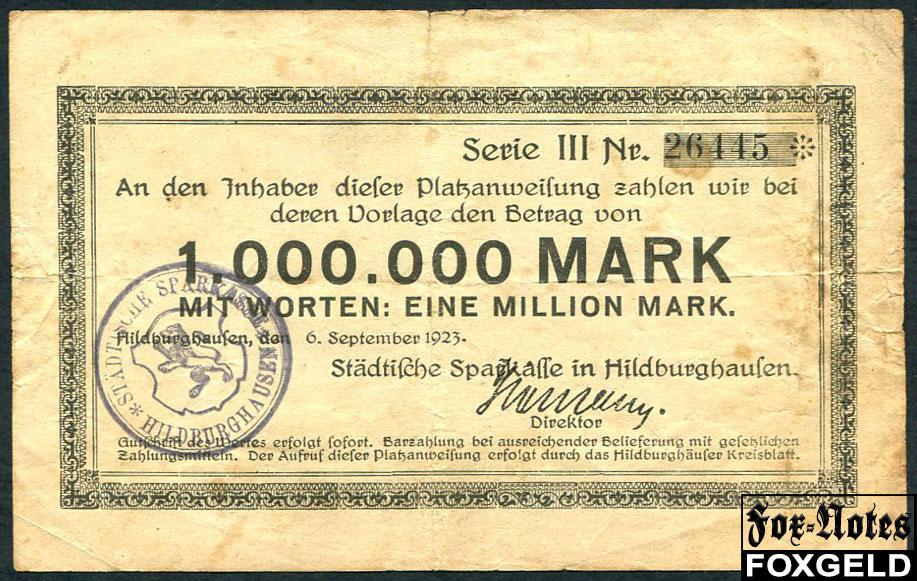 Hildburghausen Thuringen 1 Mio. Mark Stadtische Sparkasse. 6. September 1923. VG-aF №56445