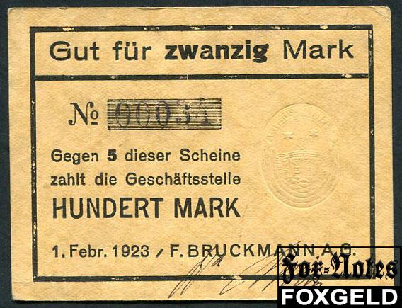 Munchen Bayern 20 Mark 1922 F. Bruckmann AG XF-aUNC  №00034