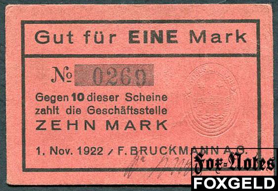 Munchen Bayern 1 Mark 1922 F. Bruckmann AG XF-aUNC  №0269