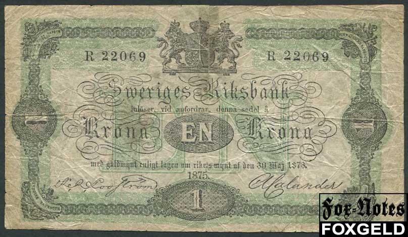 Швеция Sveriges Riksbank 1 крона 1875  F P:1b  R