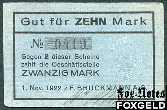 Munchen Bayern 10 Mark 1922 F. Bruckmann AG XF-aUNC  №0419