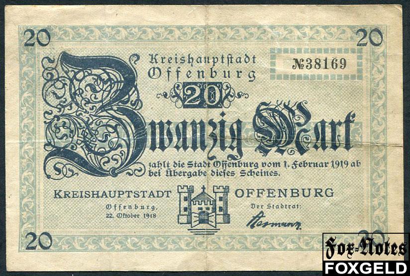 Offenburg Baden 20 Mark 1918 Kreishauptstadt Offenburg  B3:397.02 №38169