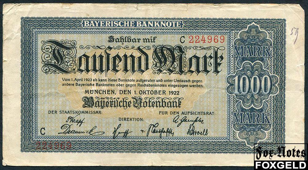 Bayerische Notenbank 1000 Mark 1922  BAY5a С224969