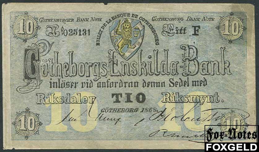 Швеция 10 риксд. 1868 Gotherborgs Enskilda Bank VG P:S216  F 025131