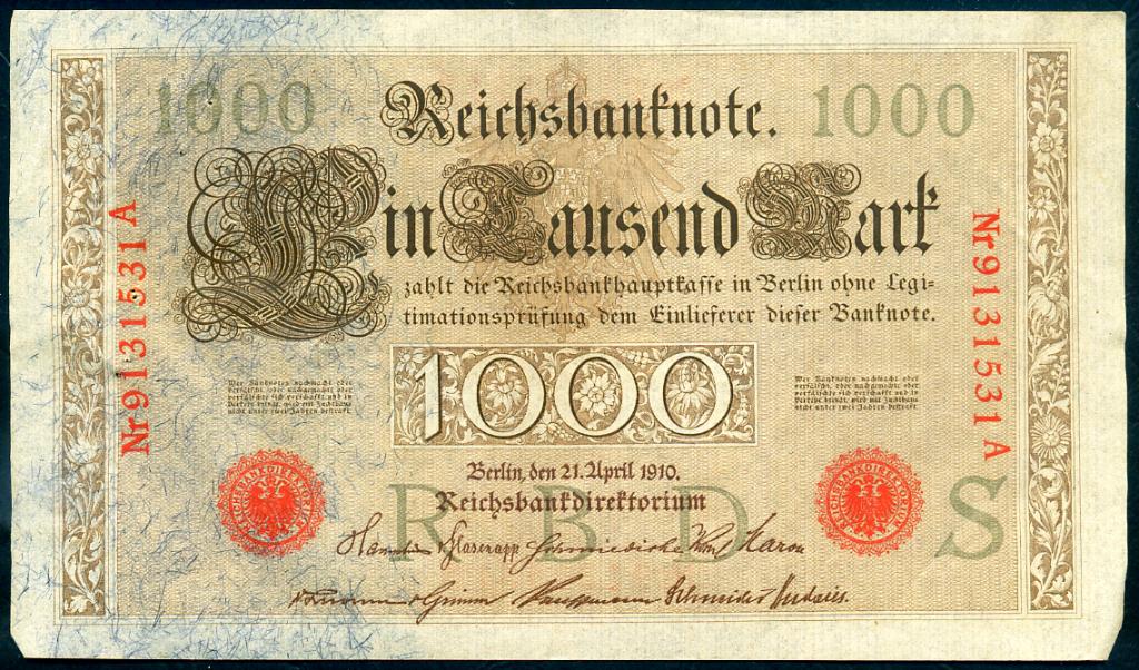 Германия / Reichsbank 1000 Mark 1910 #7 aVF Ro.45b S A (***)
