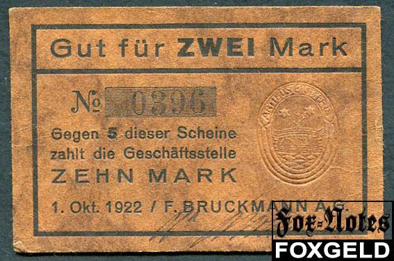 Munchen Bayern 2 Mark 1922 F. Bruckmann AG XF-aUNC  №0396