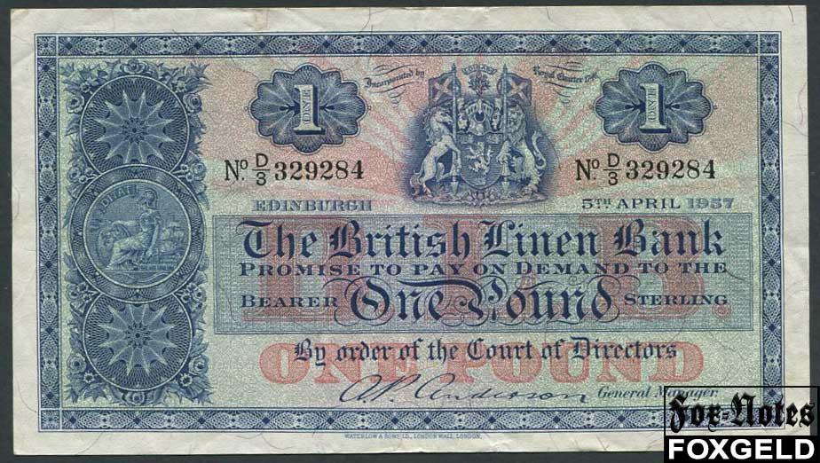 Шотландия / British Linen Bank 1 фунт 1957  VF Р:157d  D/3