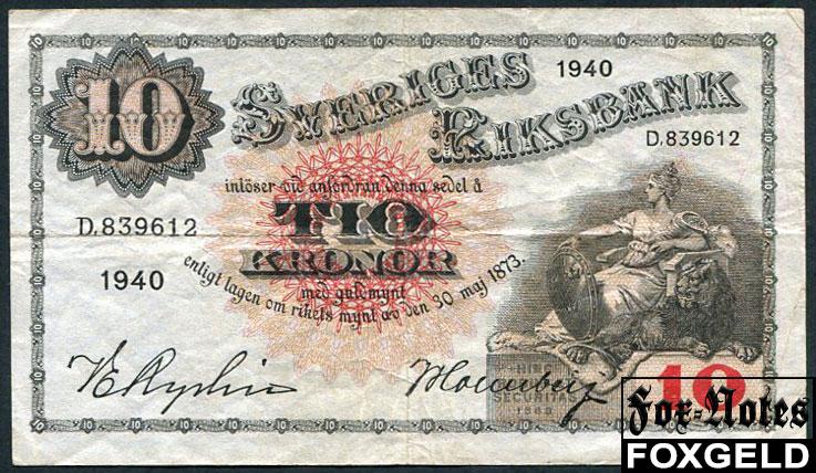Швеция Sveriges Riksbank 10 крон 1940  F P:34w D.839612