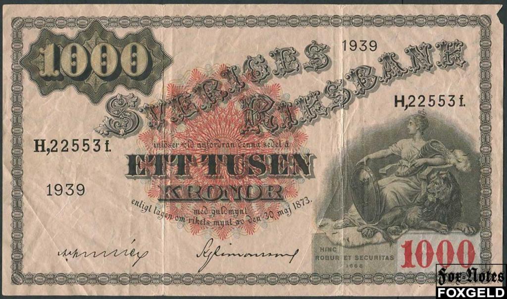 Швеция 1000 крон 1939  F+ P:38d  H,22553f.
