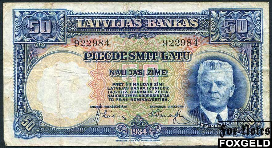 Латвия / LATVIJAS BANKAS 50 лат 1934  aVF Е15.20.1 FN 922984