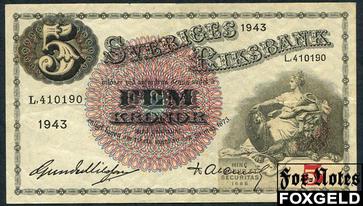Швеция Sveriges Riksbank 5 крон 1943  VF P:33z L.410190