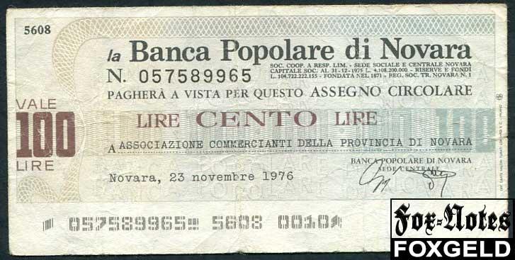 Италия Banca Popolare di Novara 100 лир 1976  F  05…65