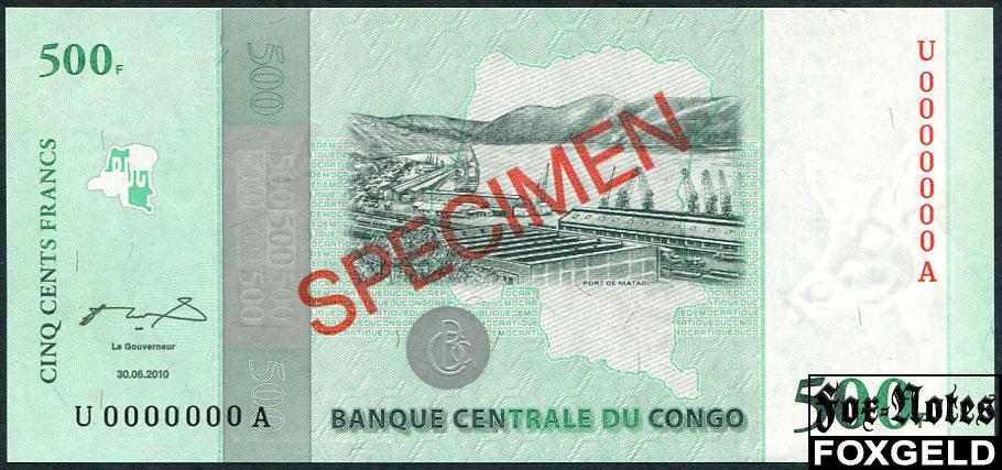 Демократическая Республика Конго 500 франков 2010 SPECIMEN ОБРАЗЕЦ  UNC P:100S U A